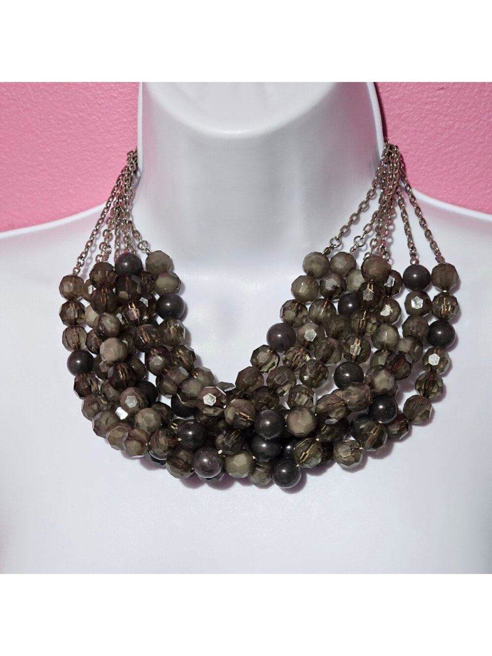 (196) 50 Shades of Grey Chunky Layered Beaded Collar Statement Necklace Vintage